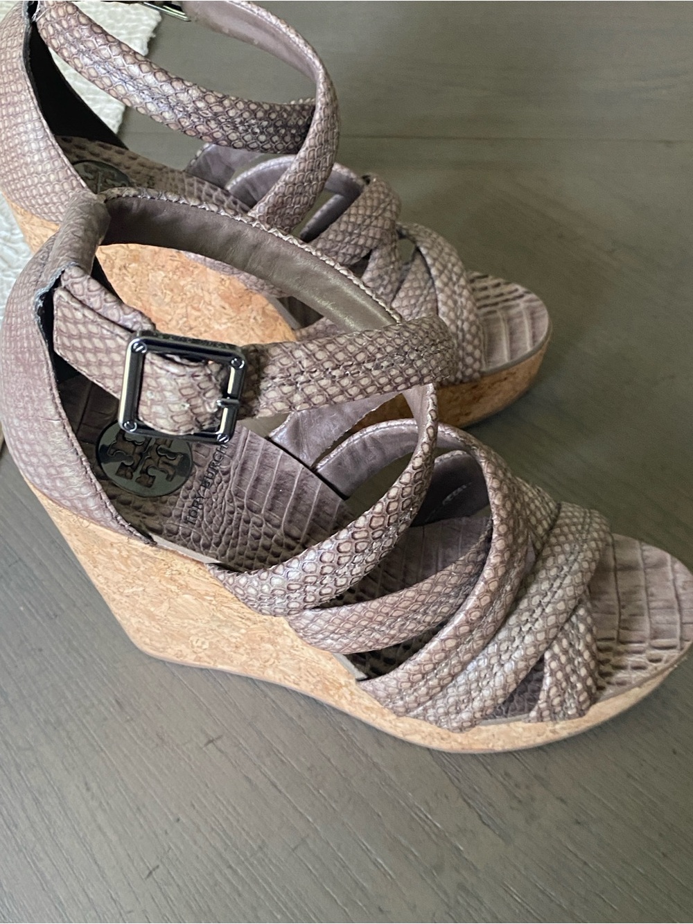 Tory Burch Taupe Snakeskin-Effect Cork Wedge Sandals